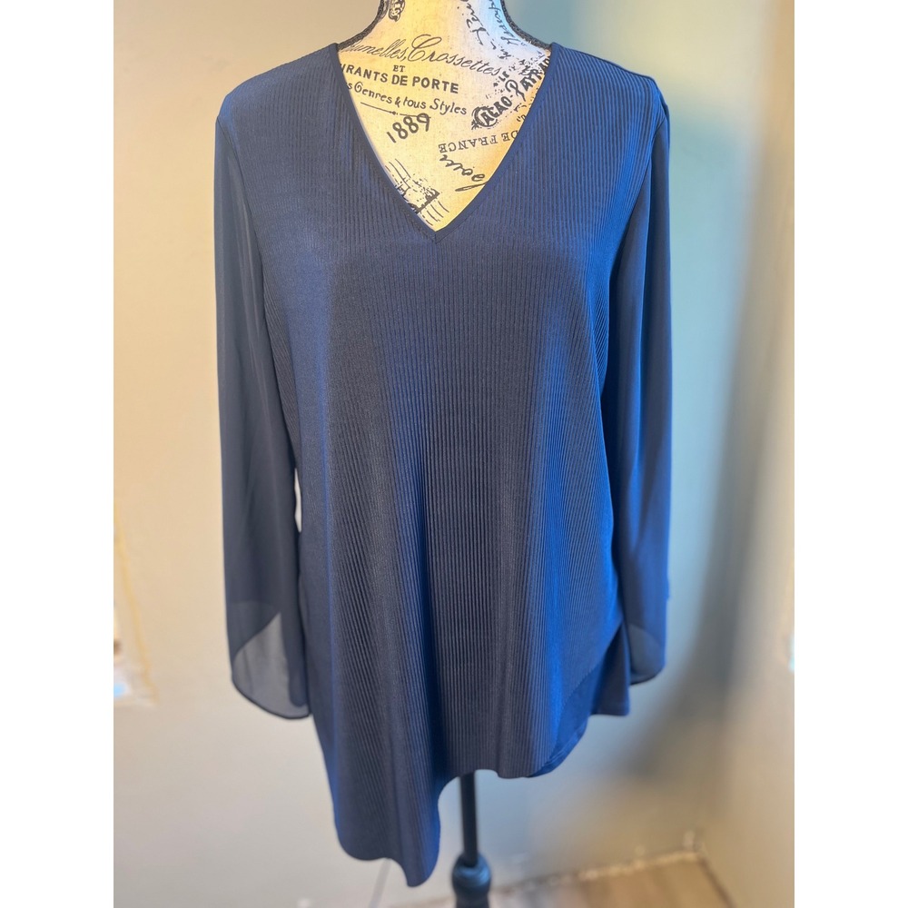 Alfani Woman Navy Blue Ribbed V-Neck Tunic Sheer Split Sleeve Top 1X 6N759W